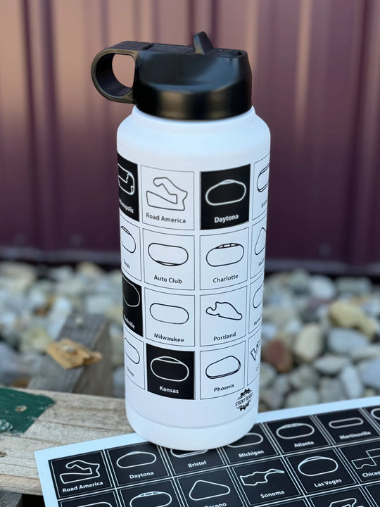 Track Fan 32 Oz Stainless Steel Water Bottle Tumbler With Stickers | Engraved Customizable Race Fan Gift NASCAR Inspired Tracker Checklist